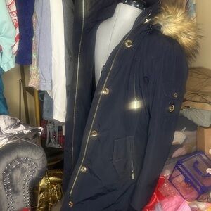 Michael Kors Dark Blue Coat with Faux Fur Trim